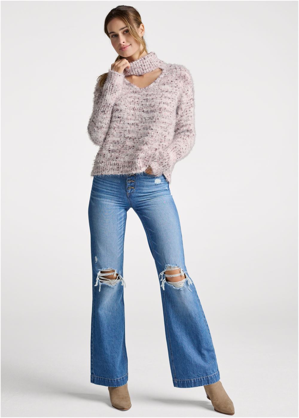 Venus VENUS | Popcorn Stitch Turtleneck Sweater in Pink Multi