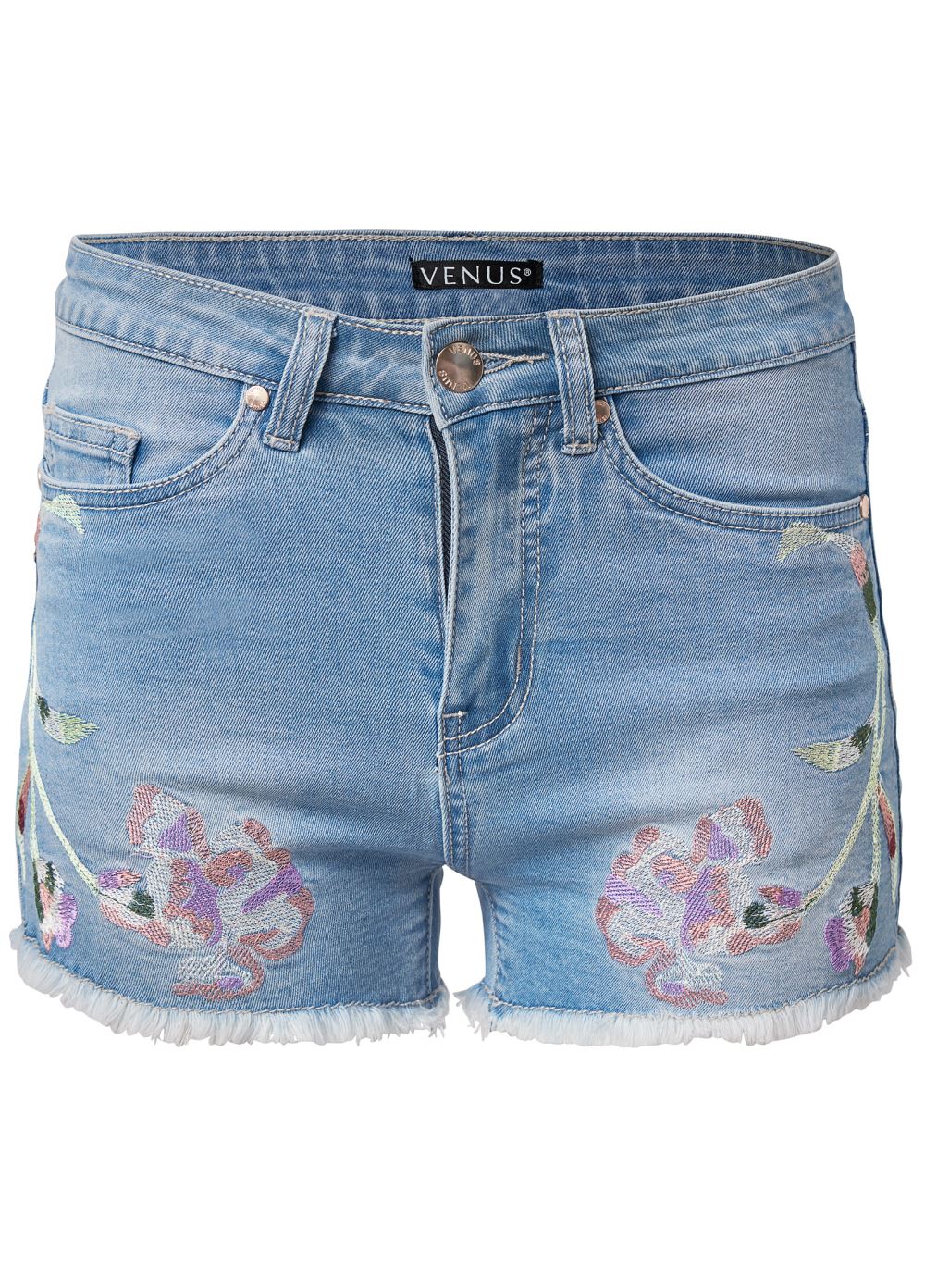 Venus Floral Embroidered Shorts - Light Wash