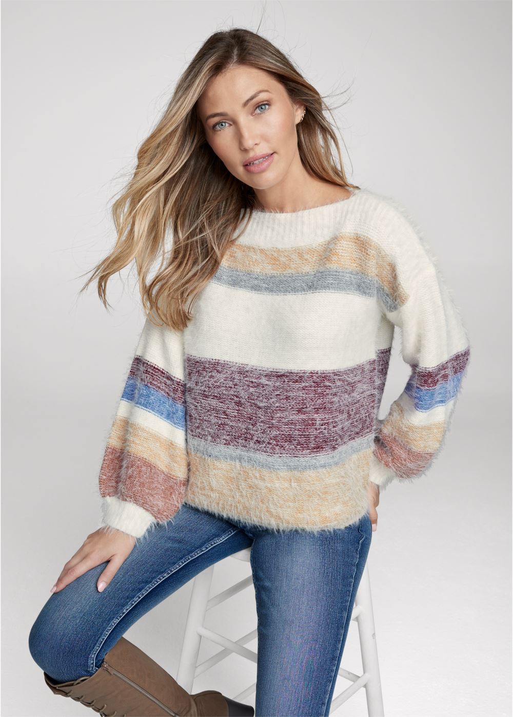 Venus VENUS | Striped Eyelash Sweater in White Multi