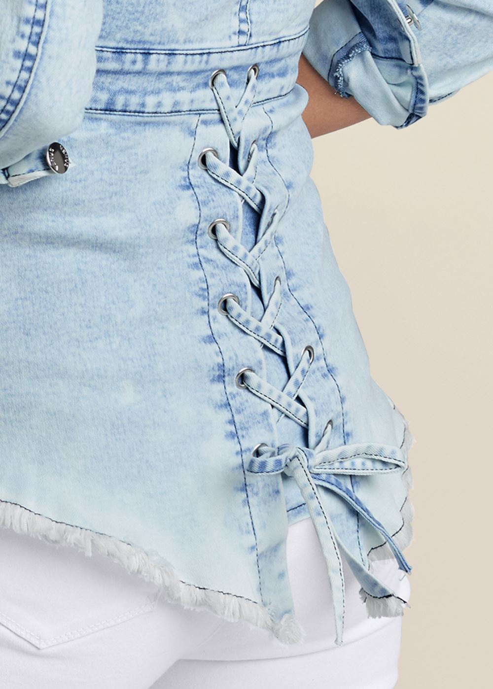 Venus Lace-Up Back Denim Top in Denim Multi