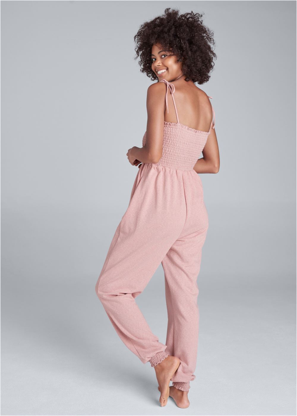 Venus Smocked Lounge Jumpsuit in Heathered Pink