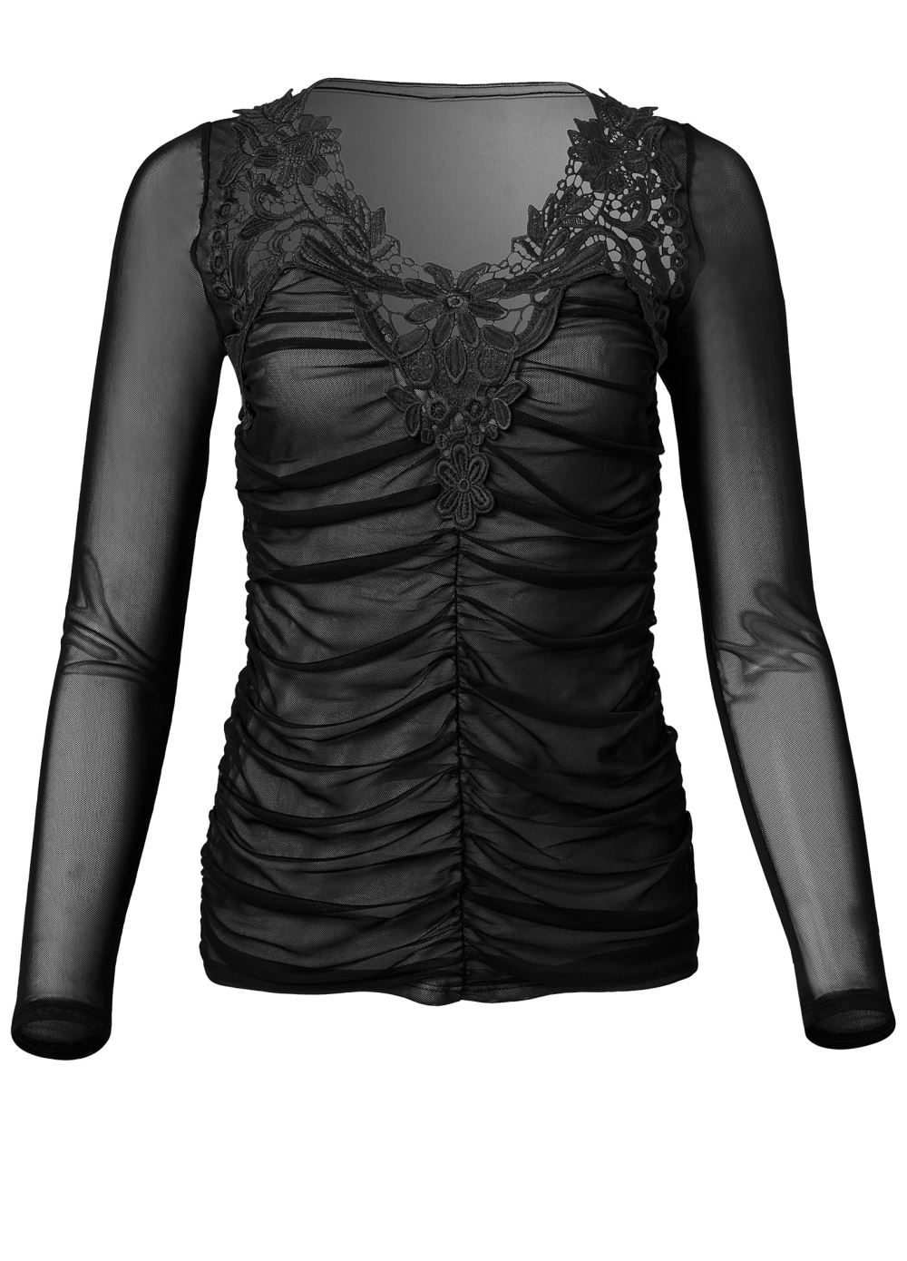 Venus Ruched Lace Detail Top in Black Multi