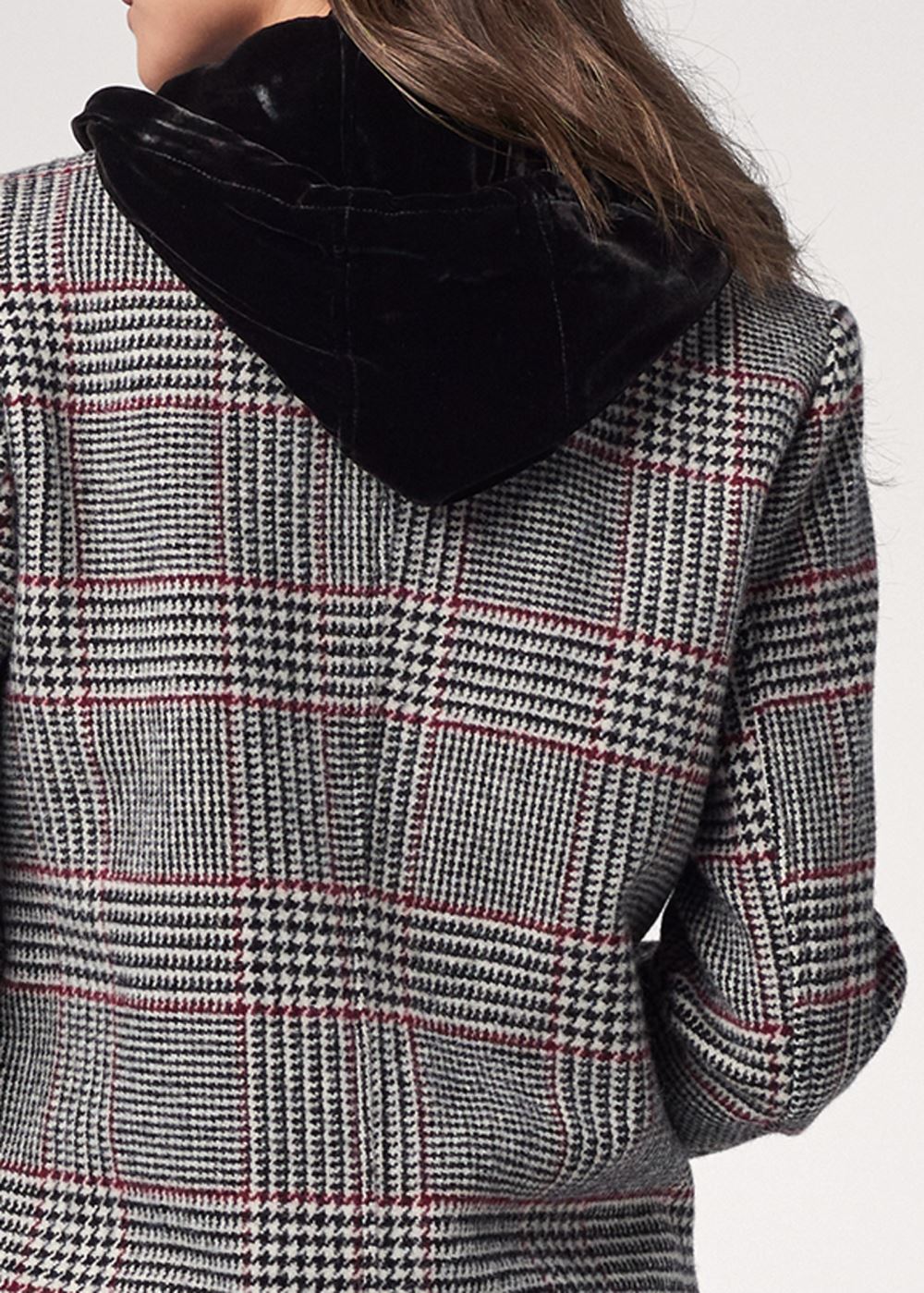 Venus Plaid And Velvet Hood Coat in Black Multi