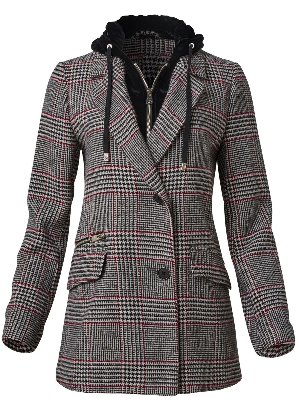 Venus Plaid And Velvet Hood Coat in Black Multi
