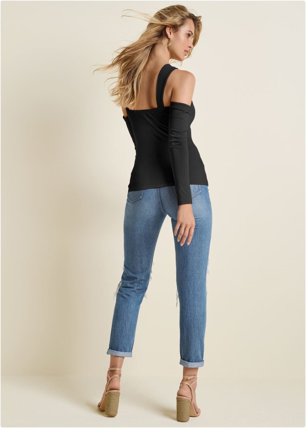 Venus Cold-Shoulder Long Sleeve Top in Black