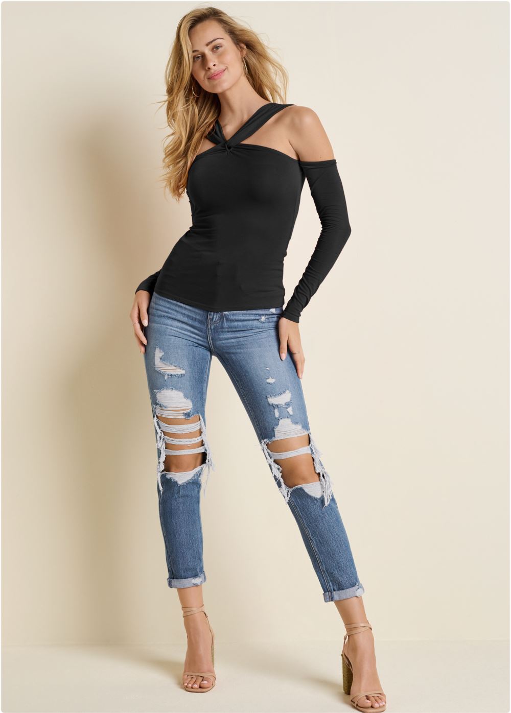 Venus Cold-Shoulder Long Sleeve Top in Black