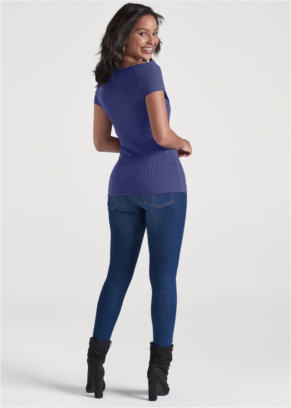 Venus Ribbed Skimming Neckline Top in Navy