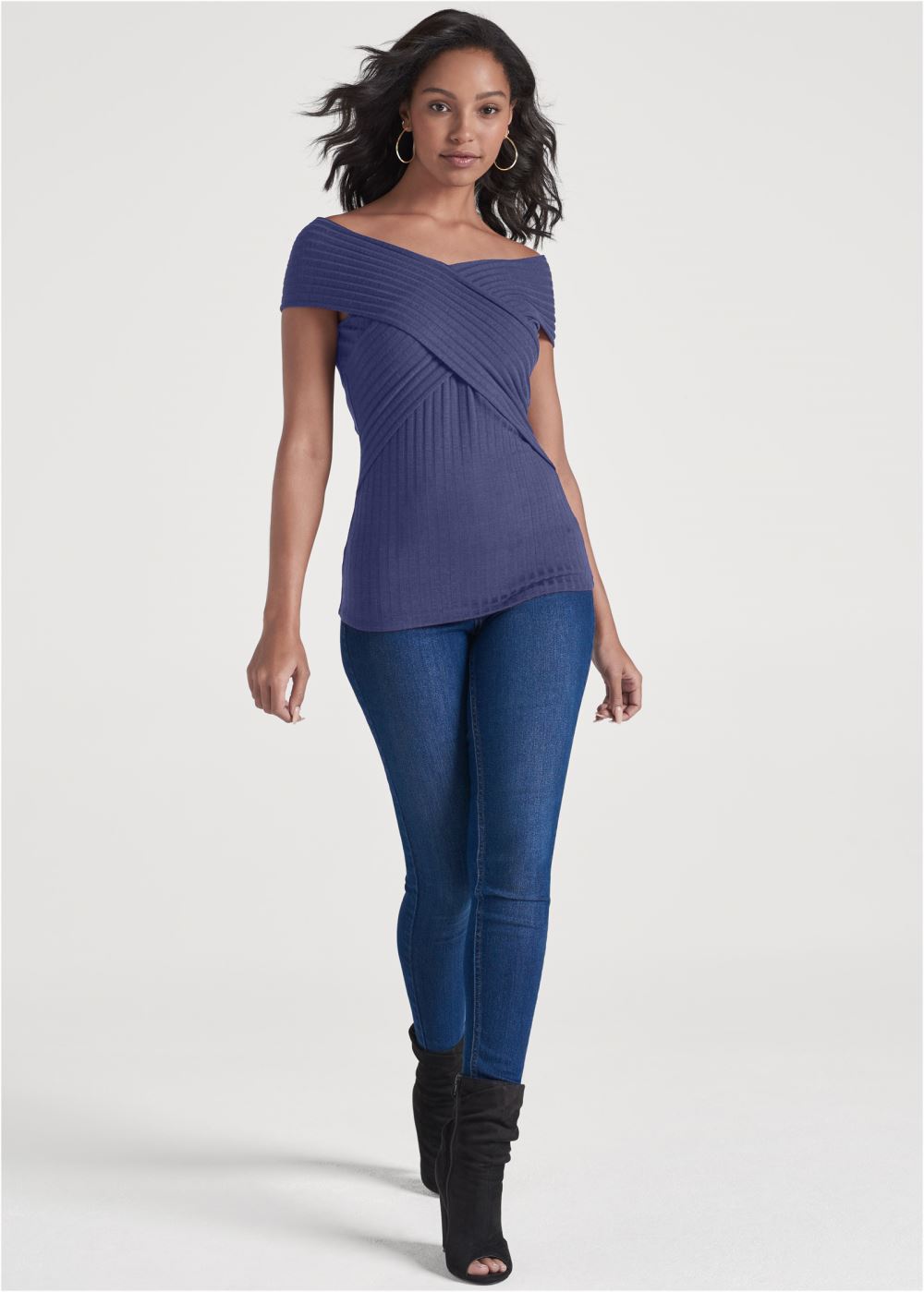 Venus Ribbed Skimming Neckline Top in Navy