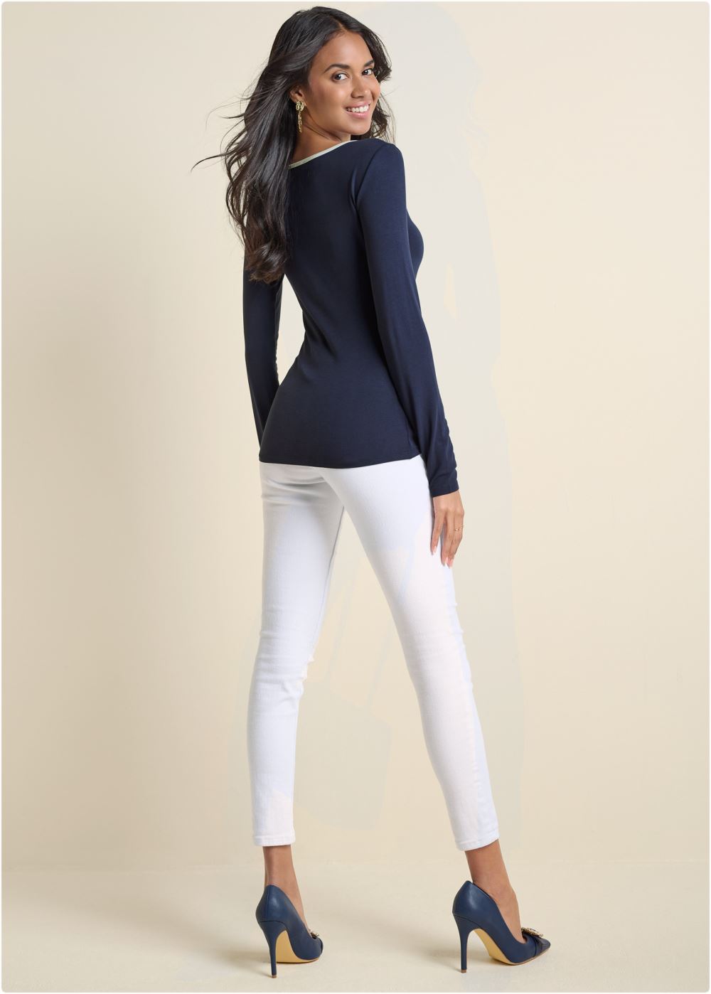 Venus Keyhole Long Sleeve Top in Navy & White
