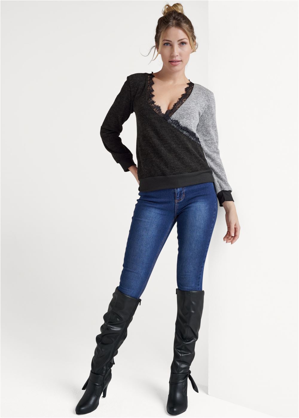 Venus Color Block Knit Lace Top in Black Multi