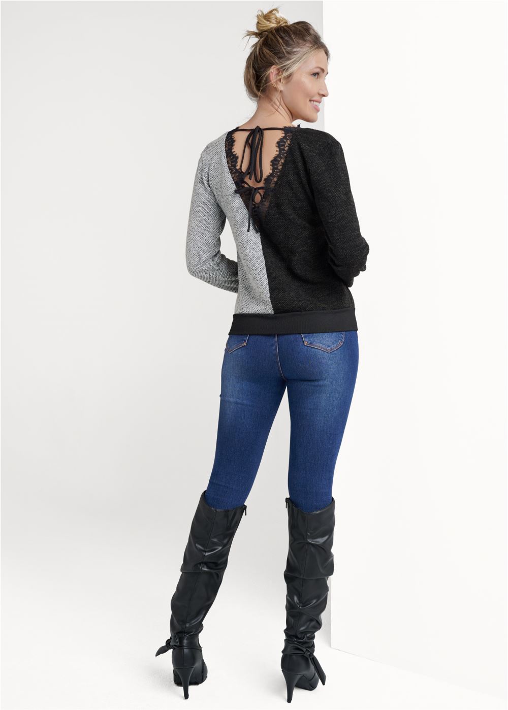 Venus Color Block Knit Lace Top in Black Multi