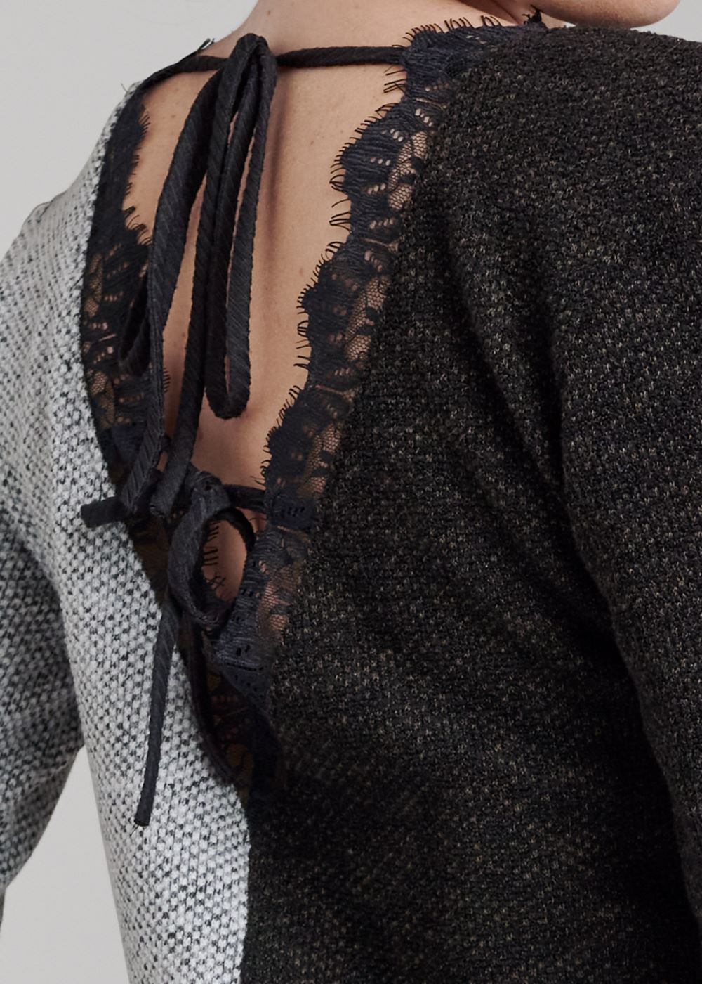 Venus Color Block Knit Lace Top in Black Multi