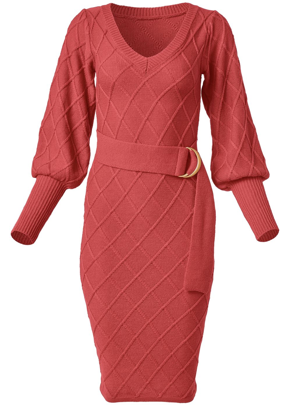 Venus Belted Midi Sweater Dress - Red