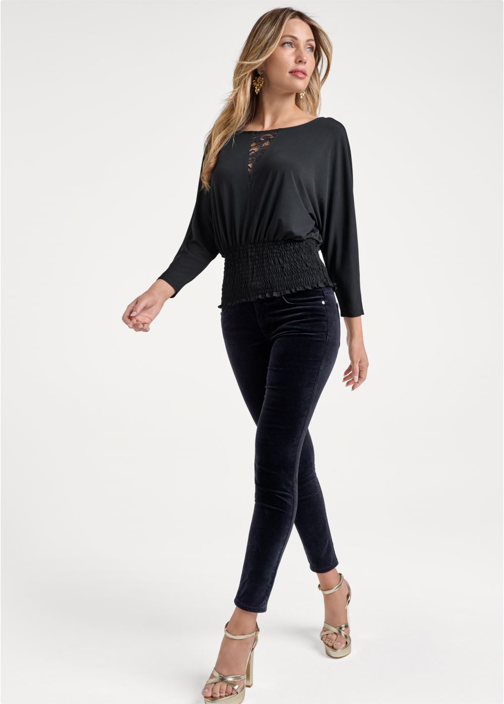 Venus Smocked Waist Blouson Top in Black