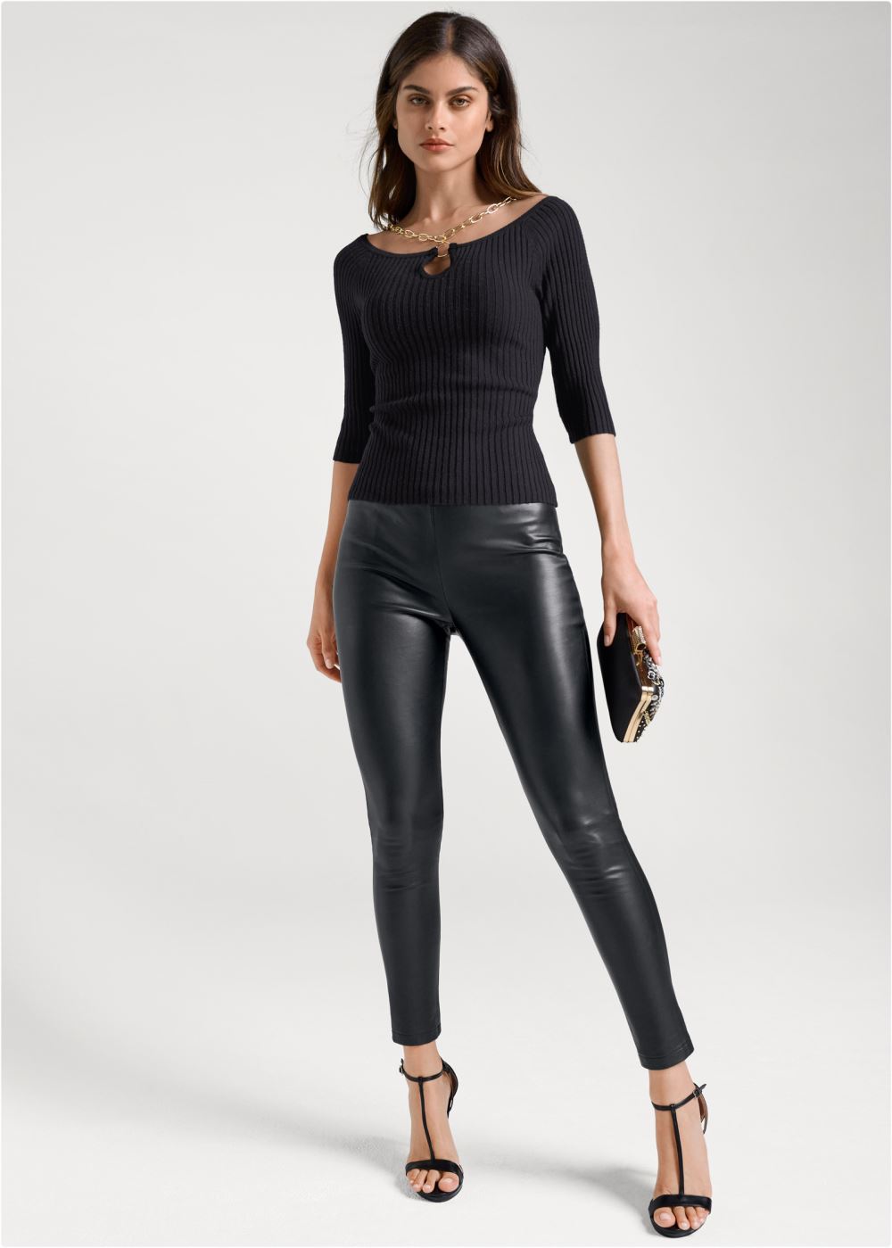 Venus VENUS | Chain Neck Ribbed Sweater in Black