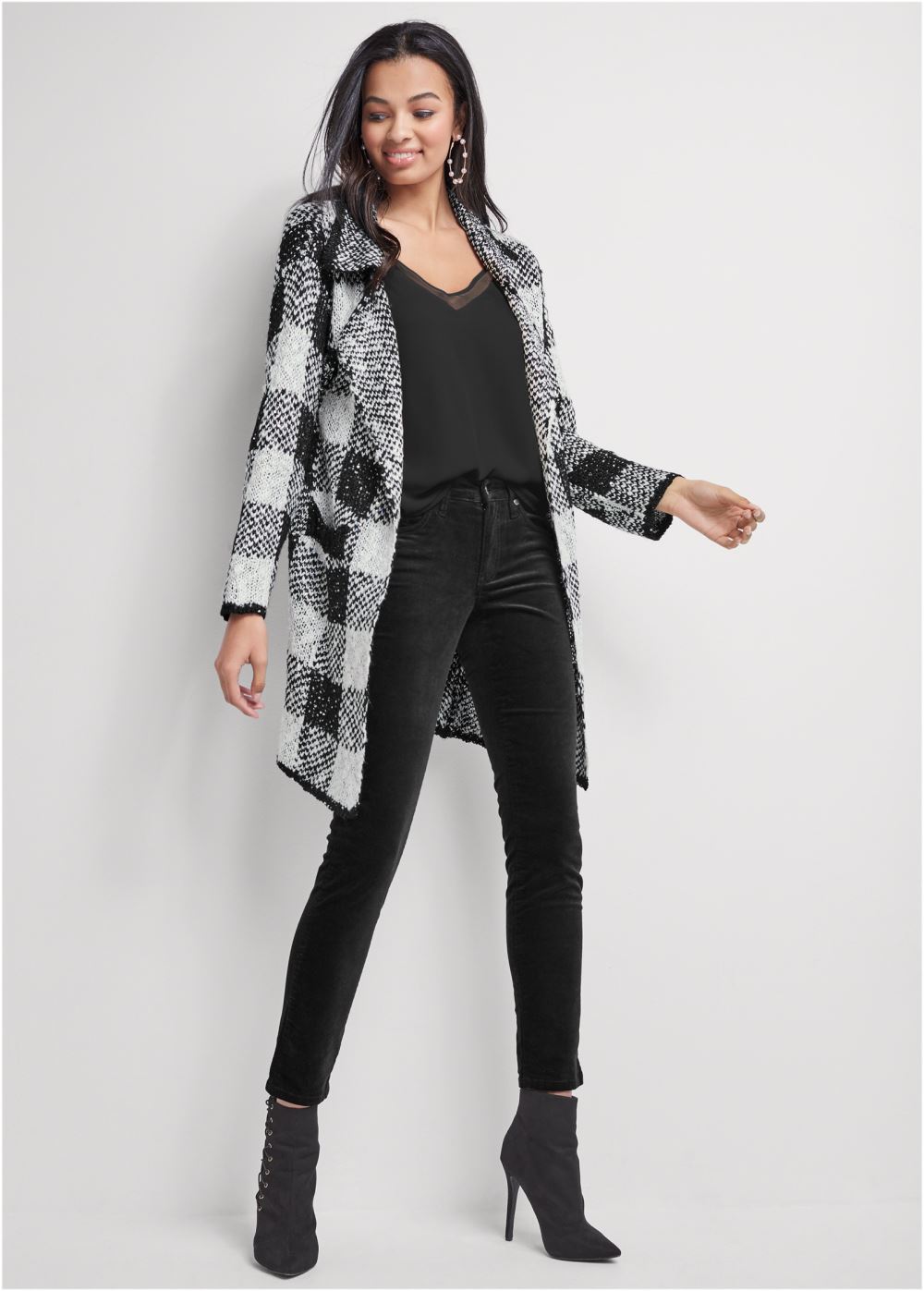 Venus VENUS | Sparkle Plaid Long Cardigan in Black & White