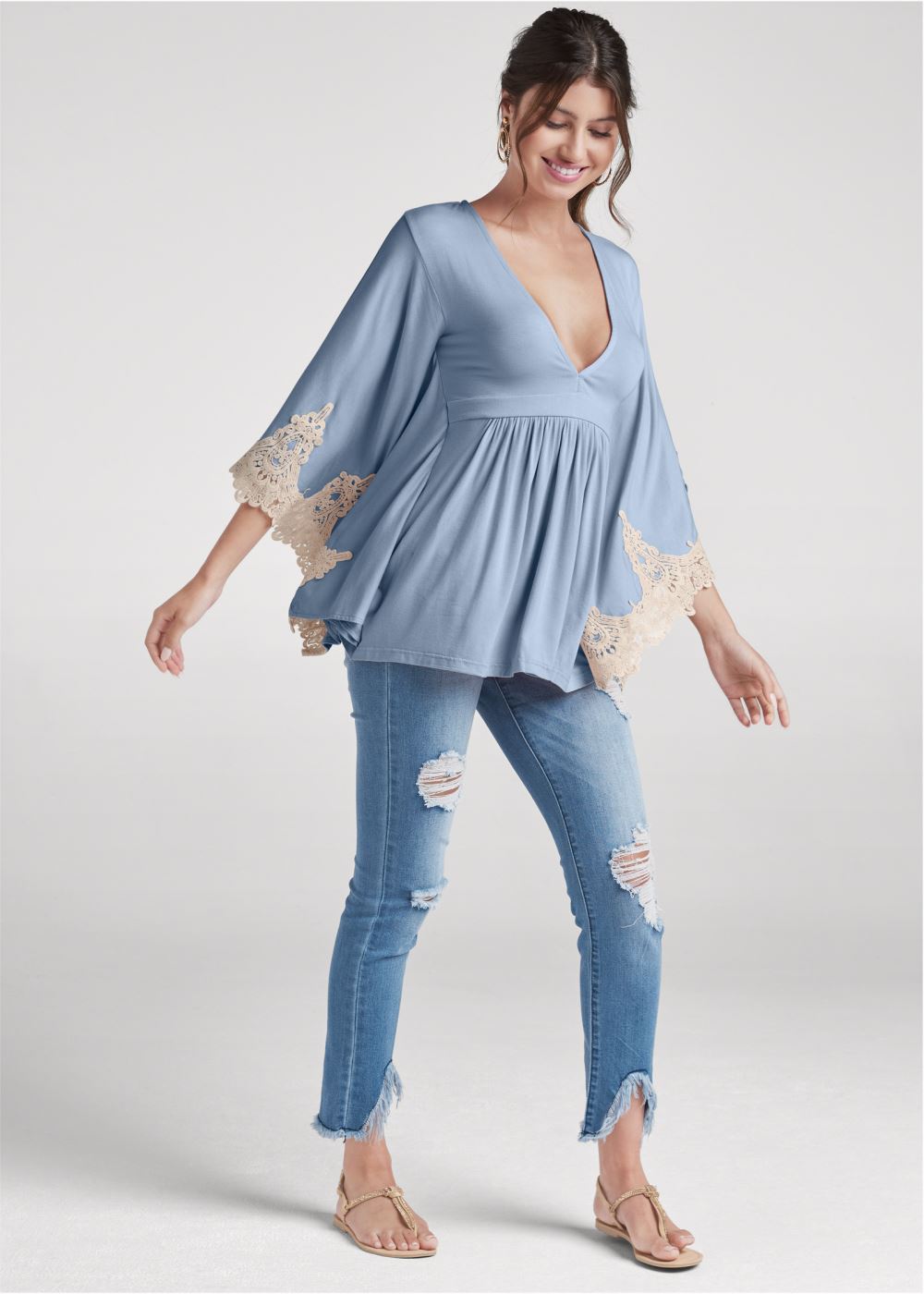 Venus Lace Bell Sleeve Top in Light Blue Multi