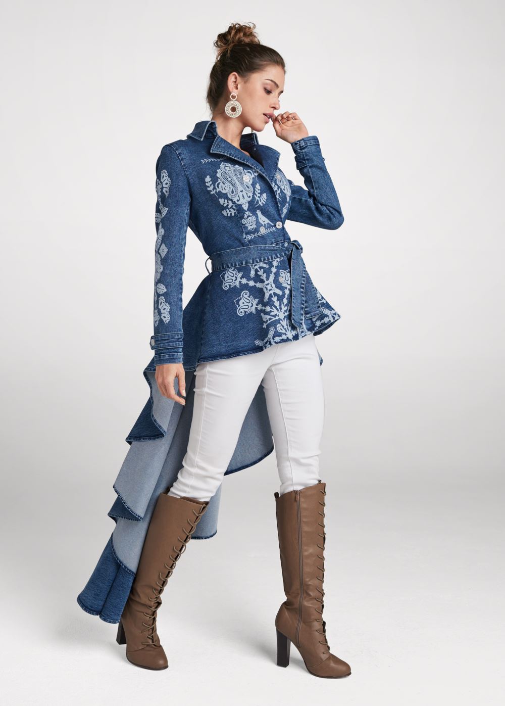 Venus High-Low Denim Trench Coat in Indigo Blue