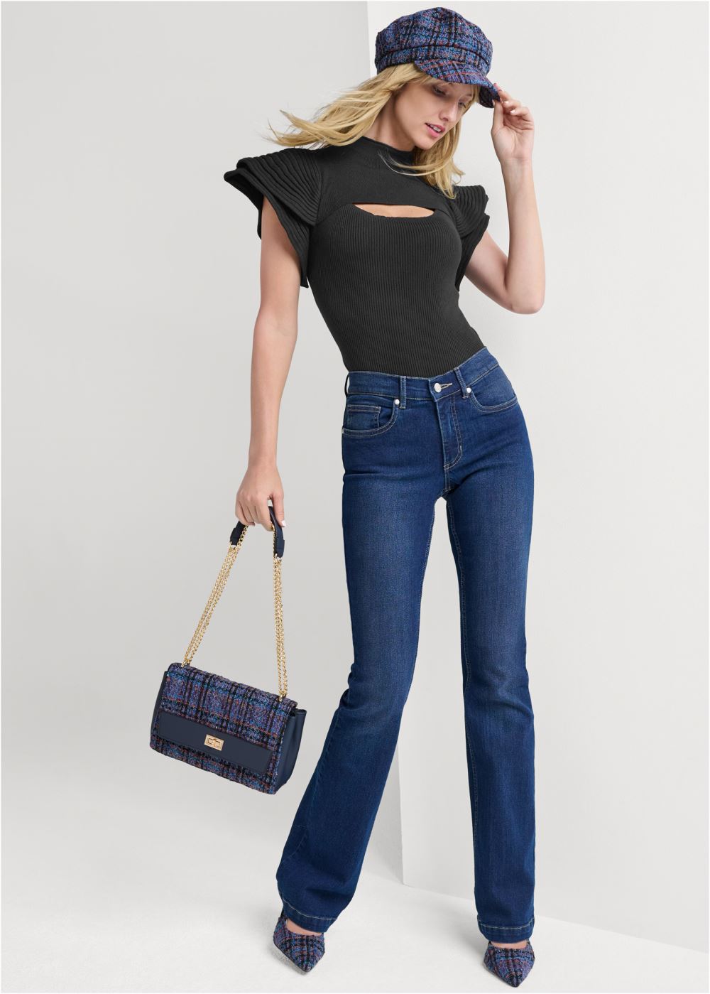 Venus VENUS | Flutter Sleeveless Ribbed Sweater in Black