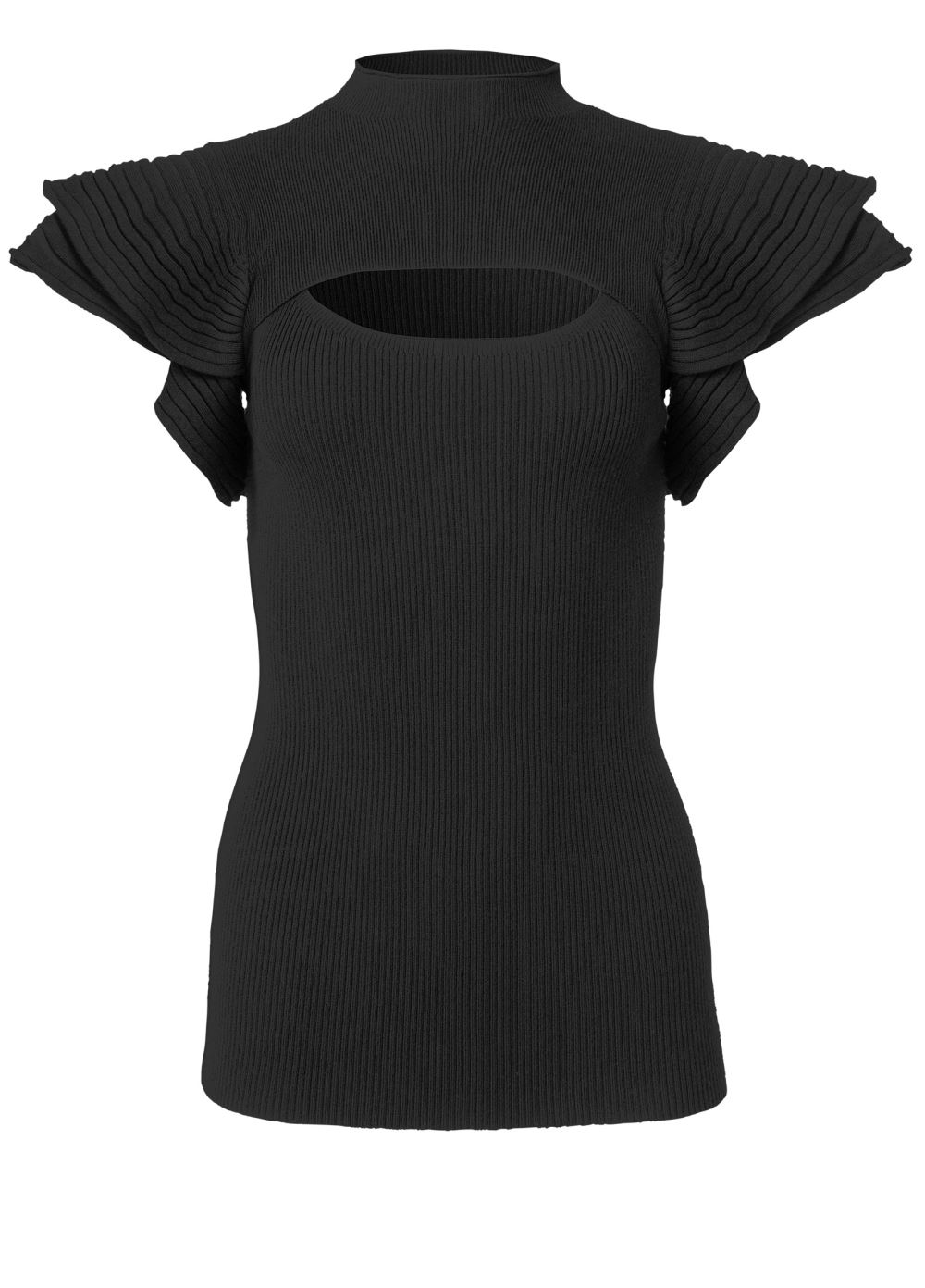 Venus VENUS | Flutter Sleeveless Ribbed Sweater in Black