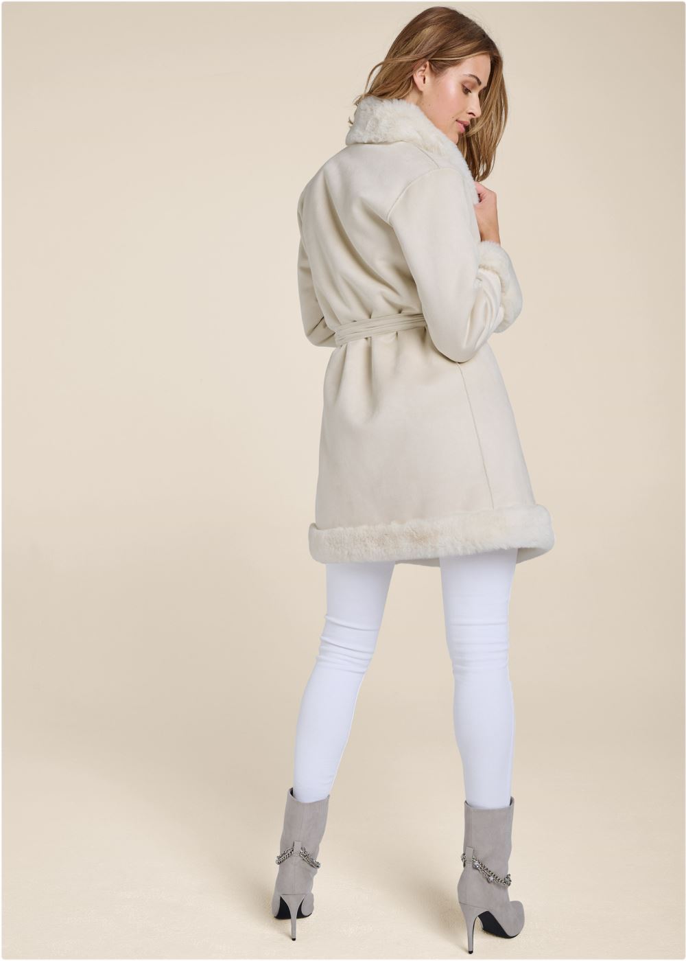 Venus Faux-Fur Trim Coat in Off White