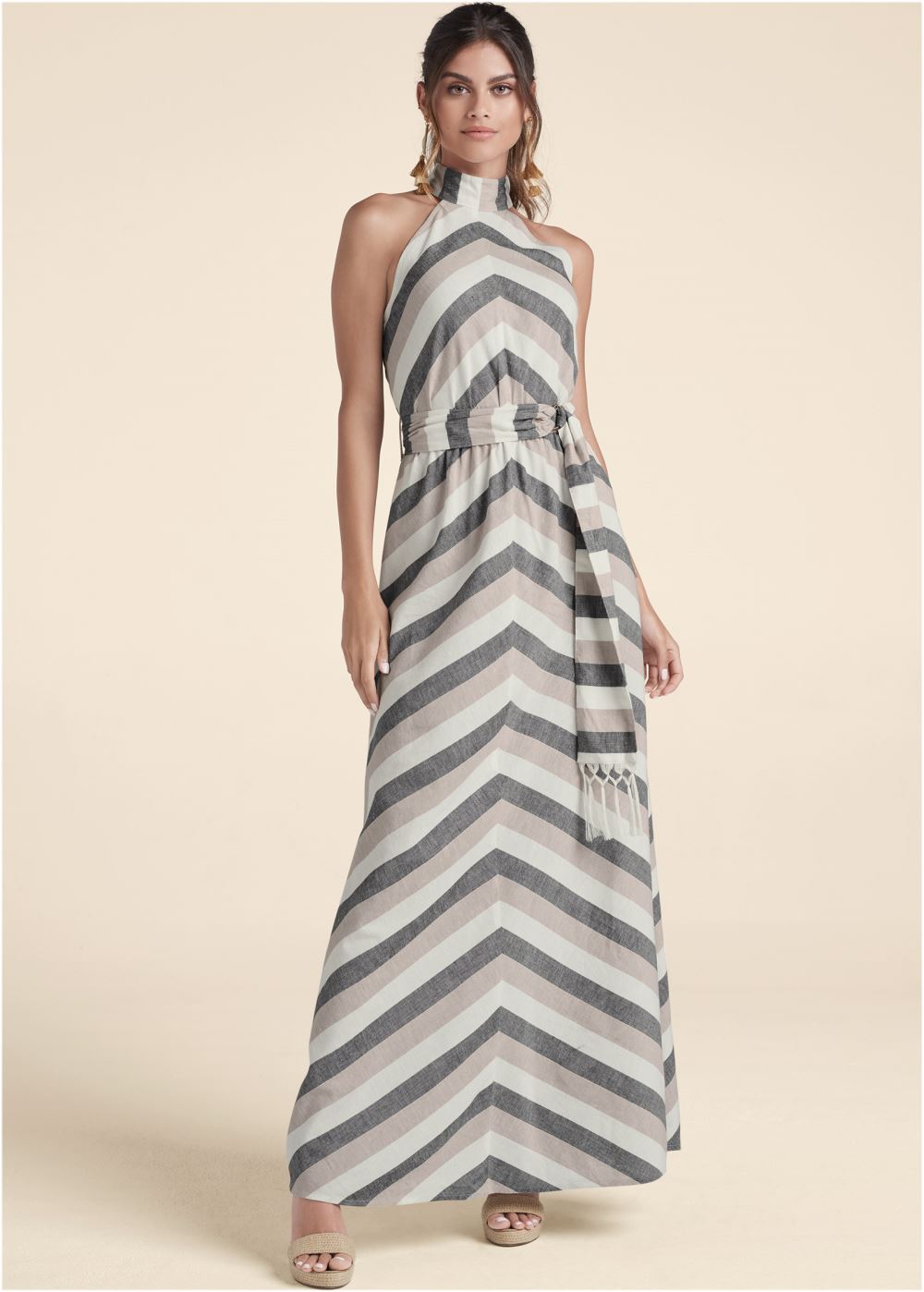 Venus Striped Linen Dress - White Multi
