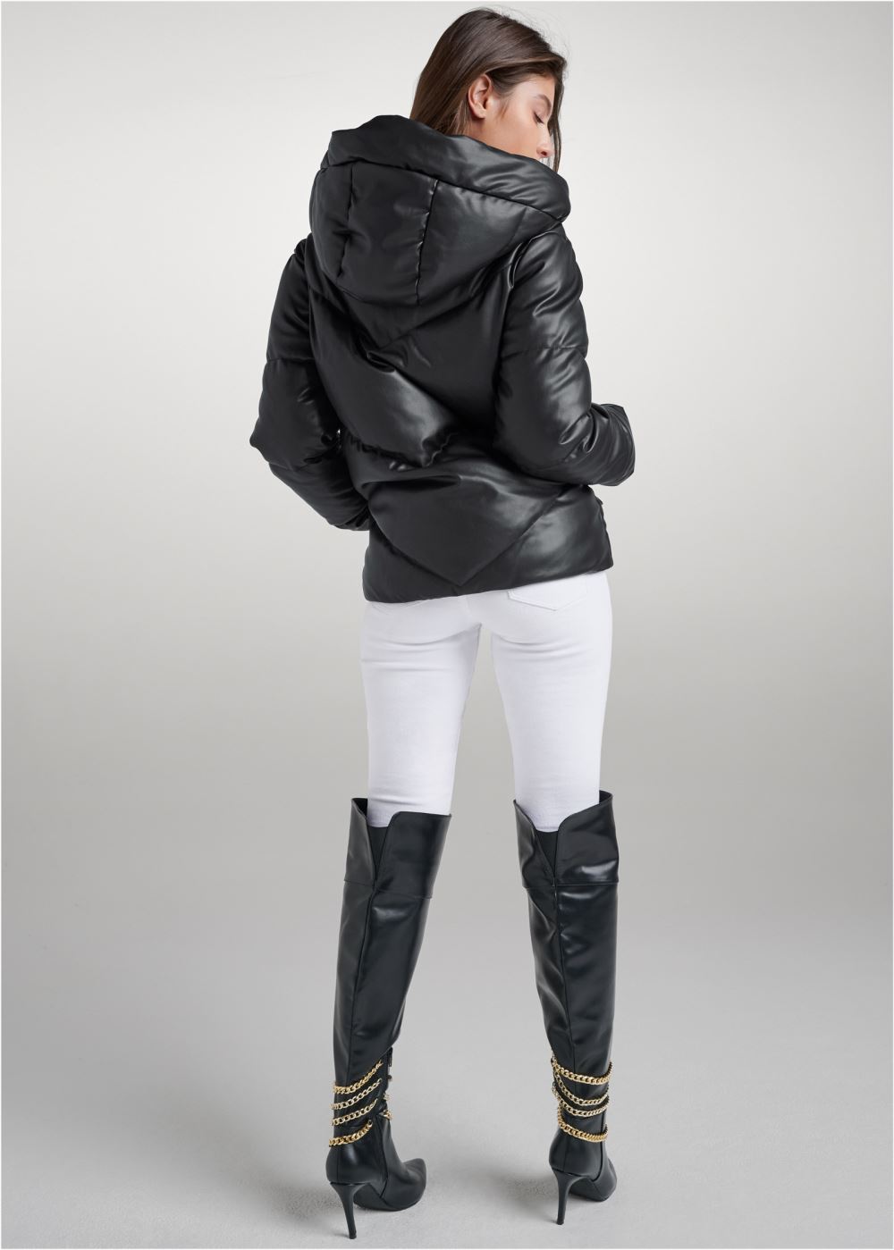 Venus Faux-Leather Puffer With Hood in Black