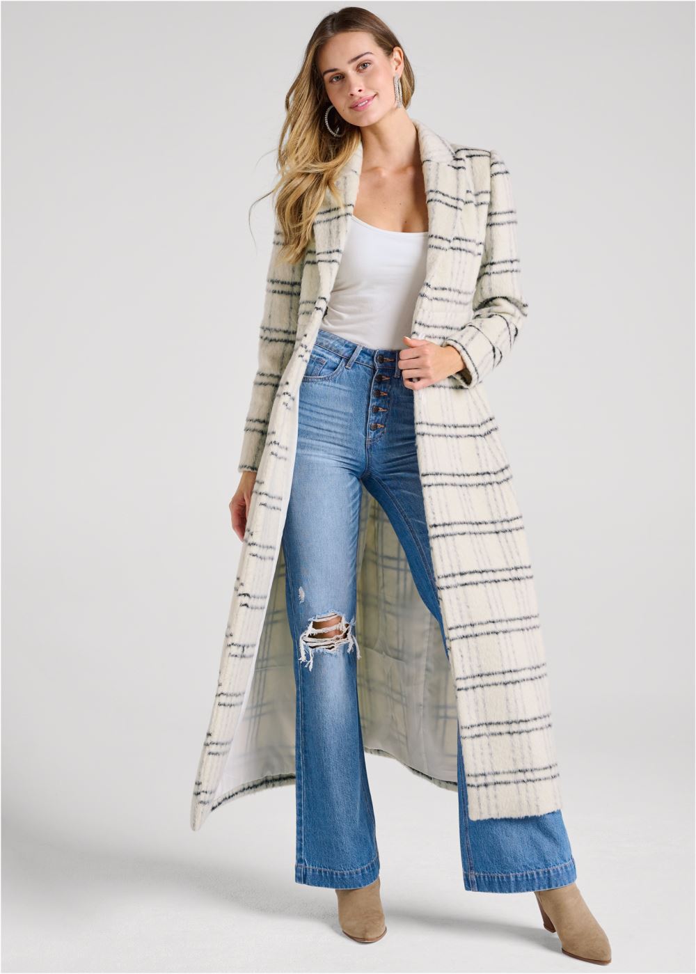 Venus Plaid Printed Full Length Coat in Off White Multi