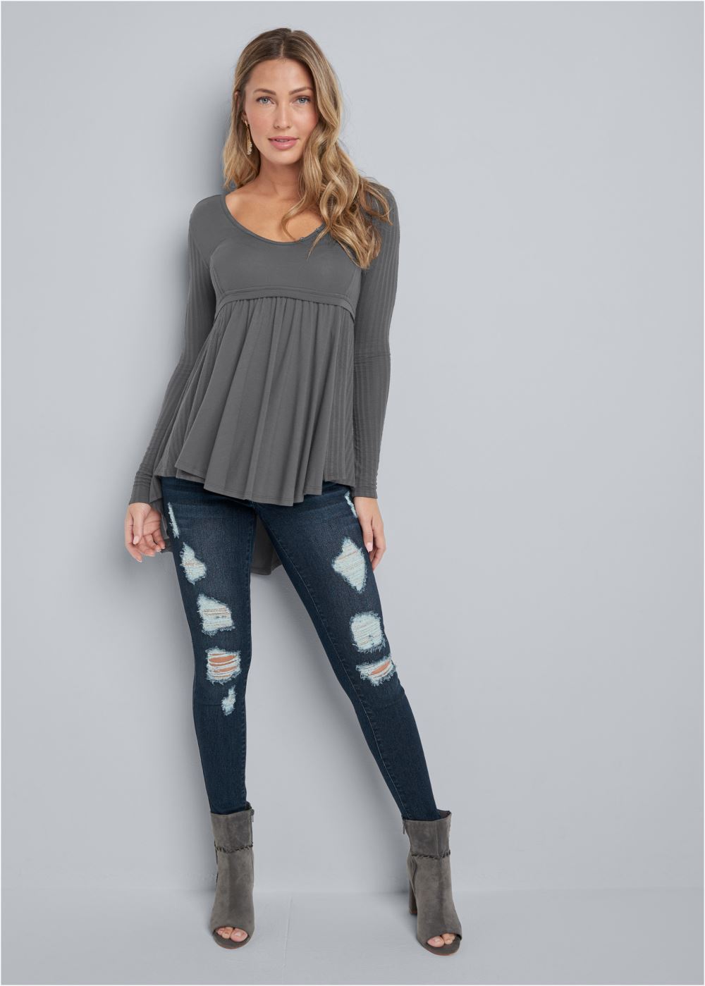 Venus High-Low Ribbed Casual Top in Dark Grey
