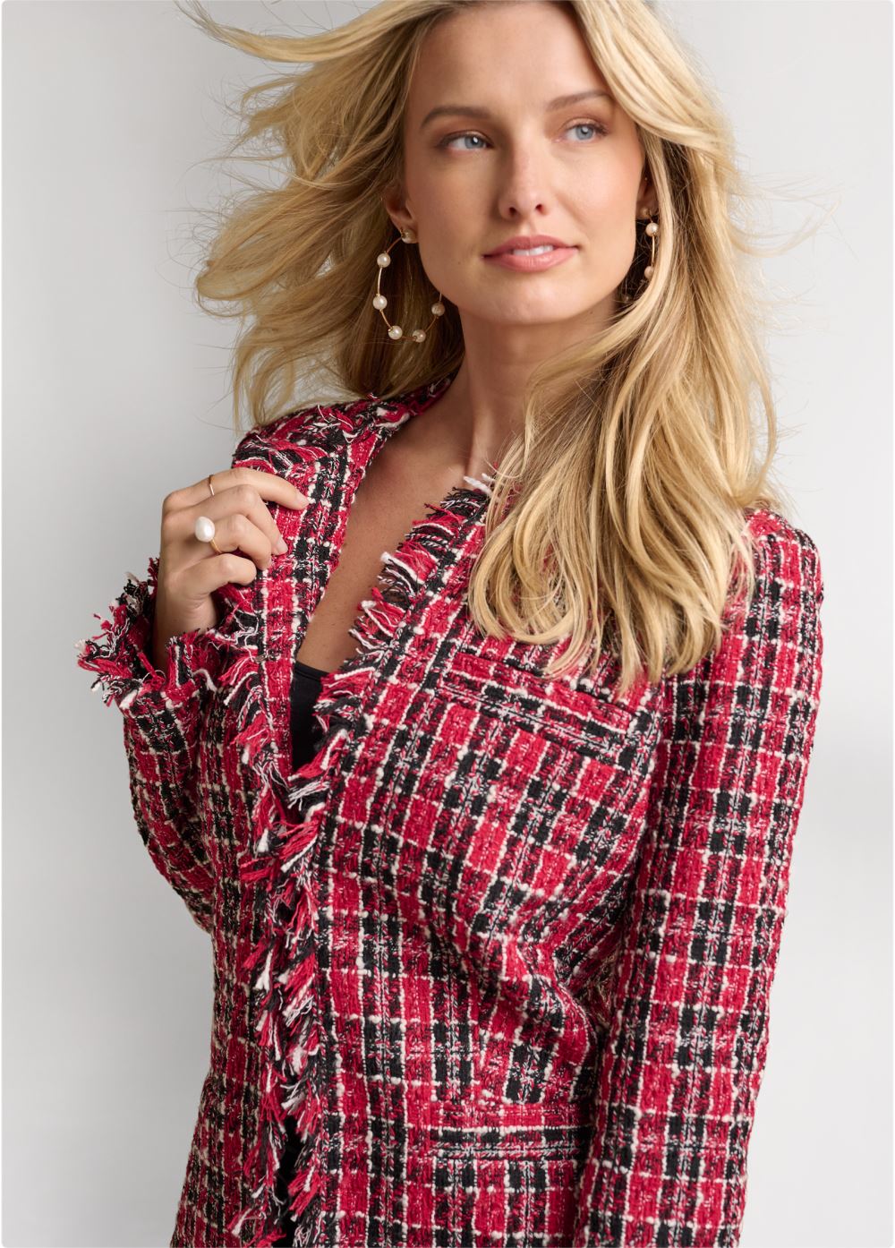 Venus Open Front Tweed Fringe Jacket in Black & Red