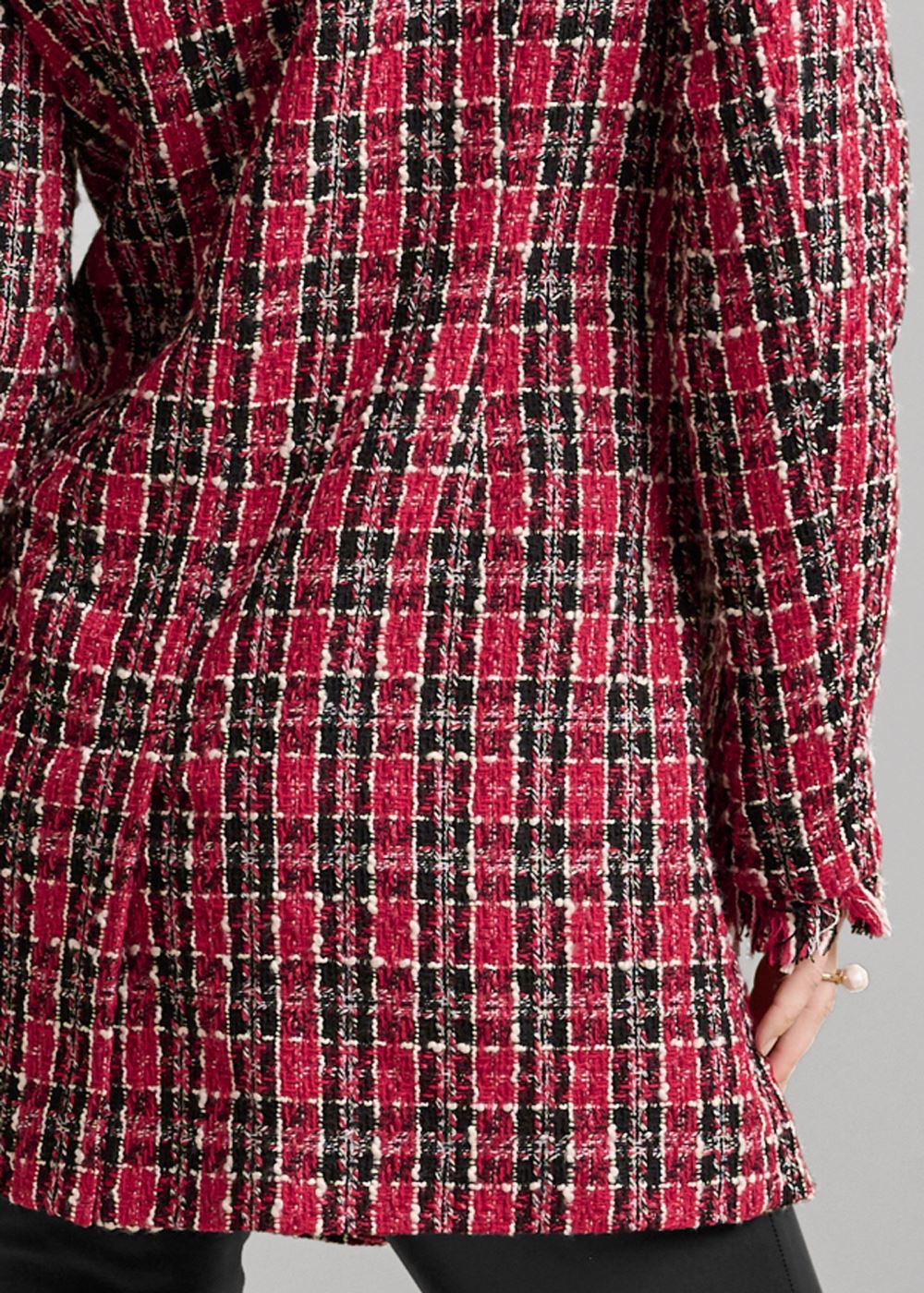 Venus Open Front Tweed Fringe Jacket in Black & Red