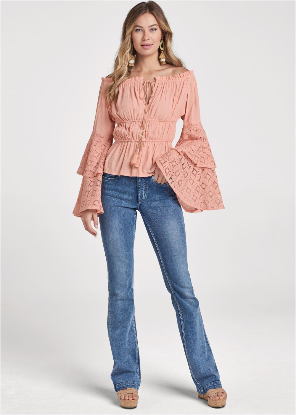 Venus Lace Bell Sleeve Top in Burnt Coral