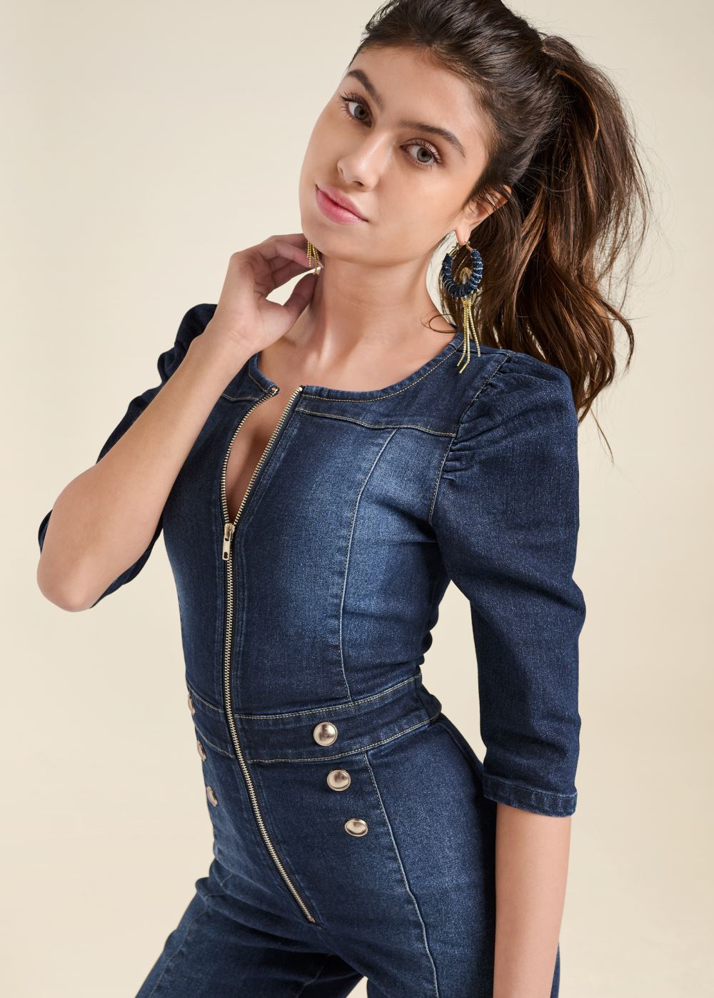Venus Denim Zip Jumpsuit in Dark Wash