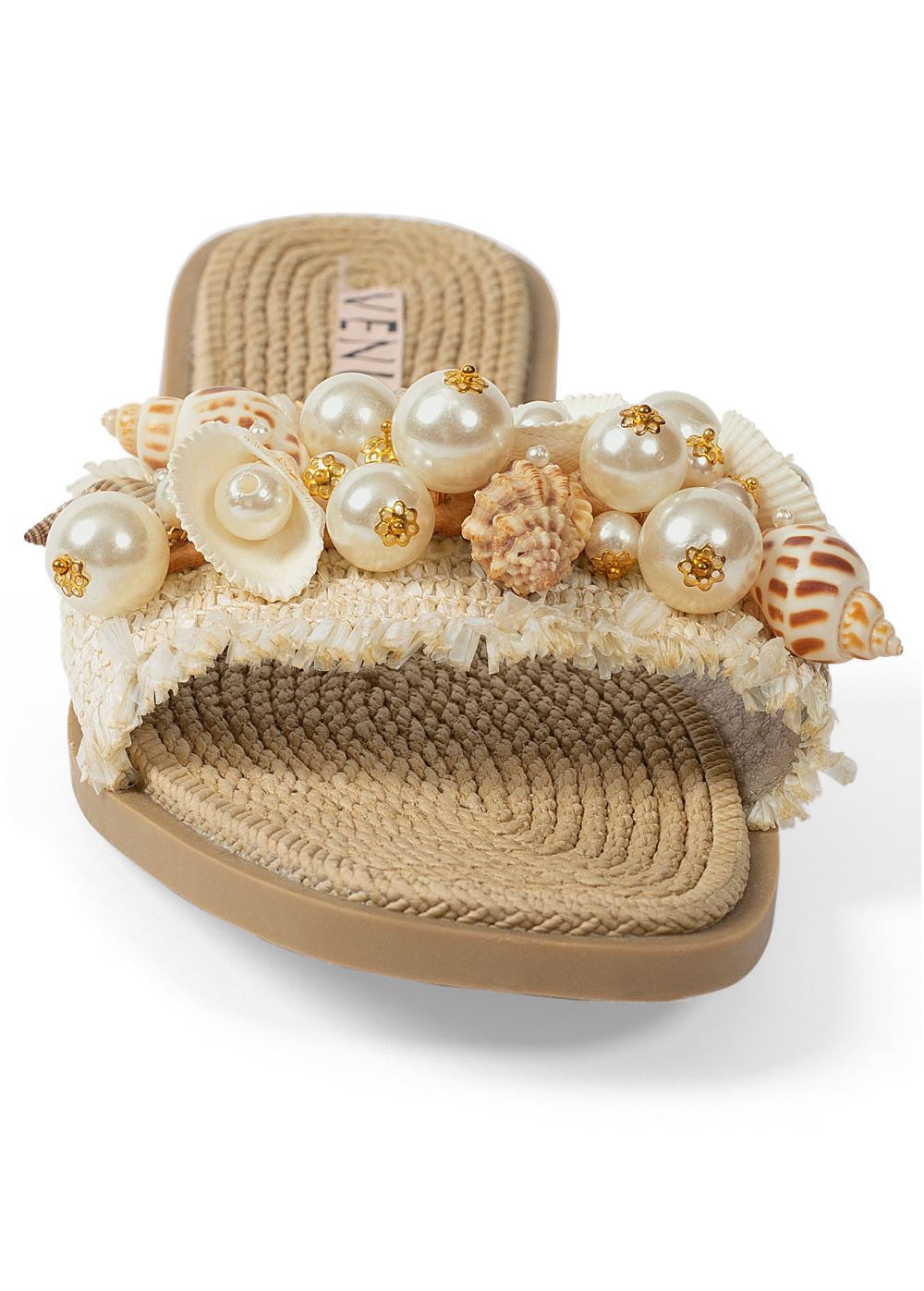Venus Shell Detail Slide Sandals in Cream