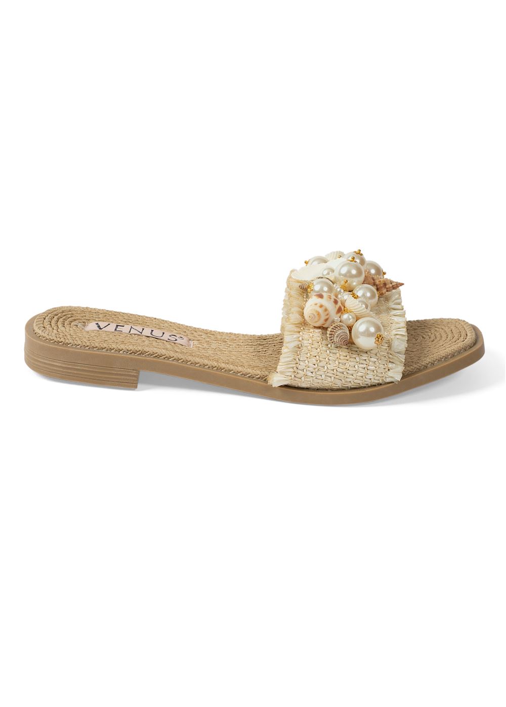 Venus Shell Detail Slide Sandals in Cream