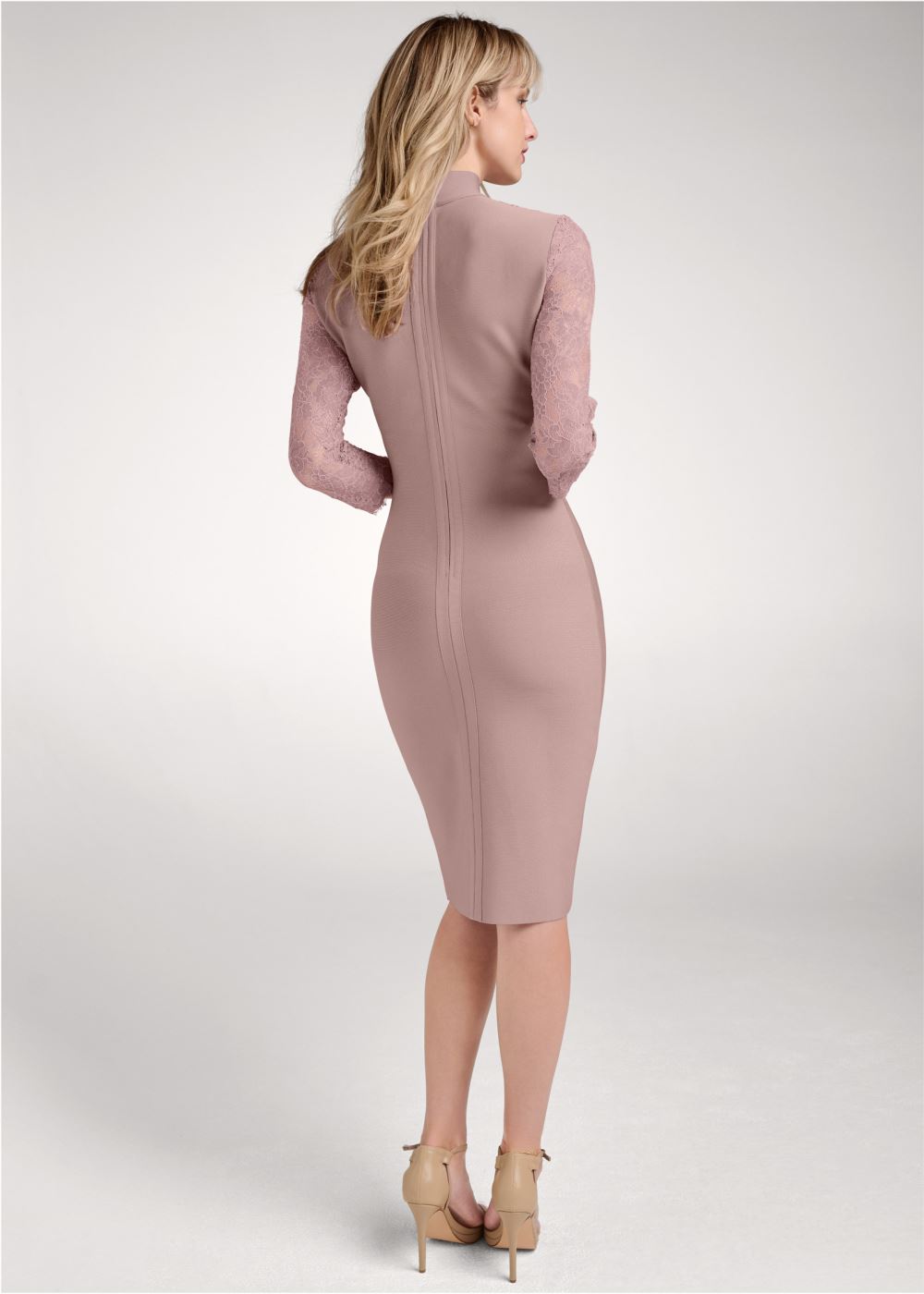 Venus Lace Sleeve Bandage Dress - Tan