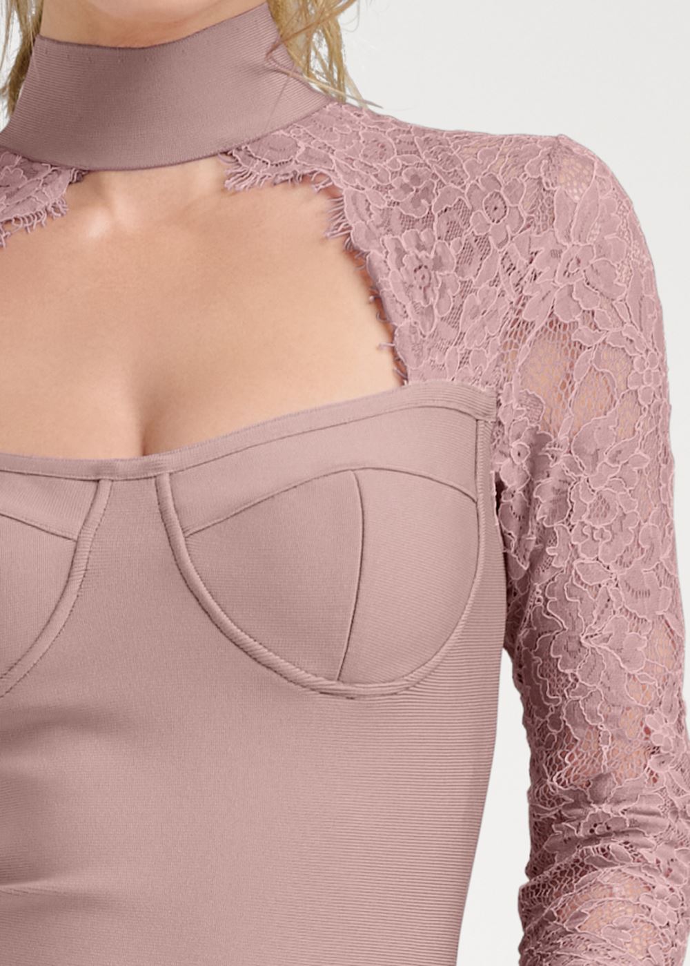 Venus Lace Sleeve Bandage Dress - Tan