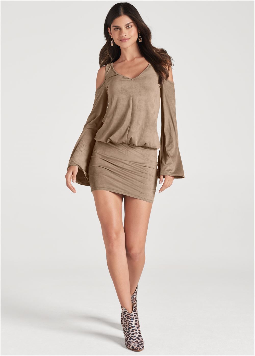 Venus Faux-Suede Cold-Shoulder Dress - Tan
