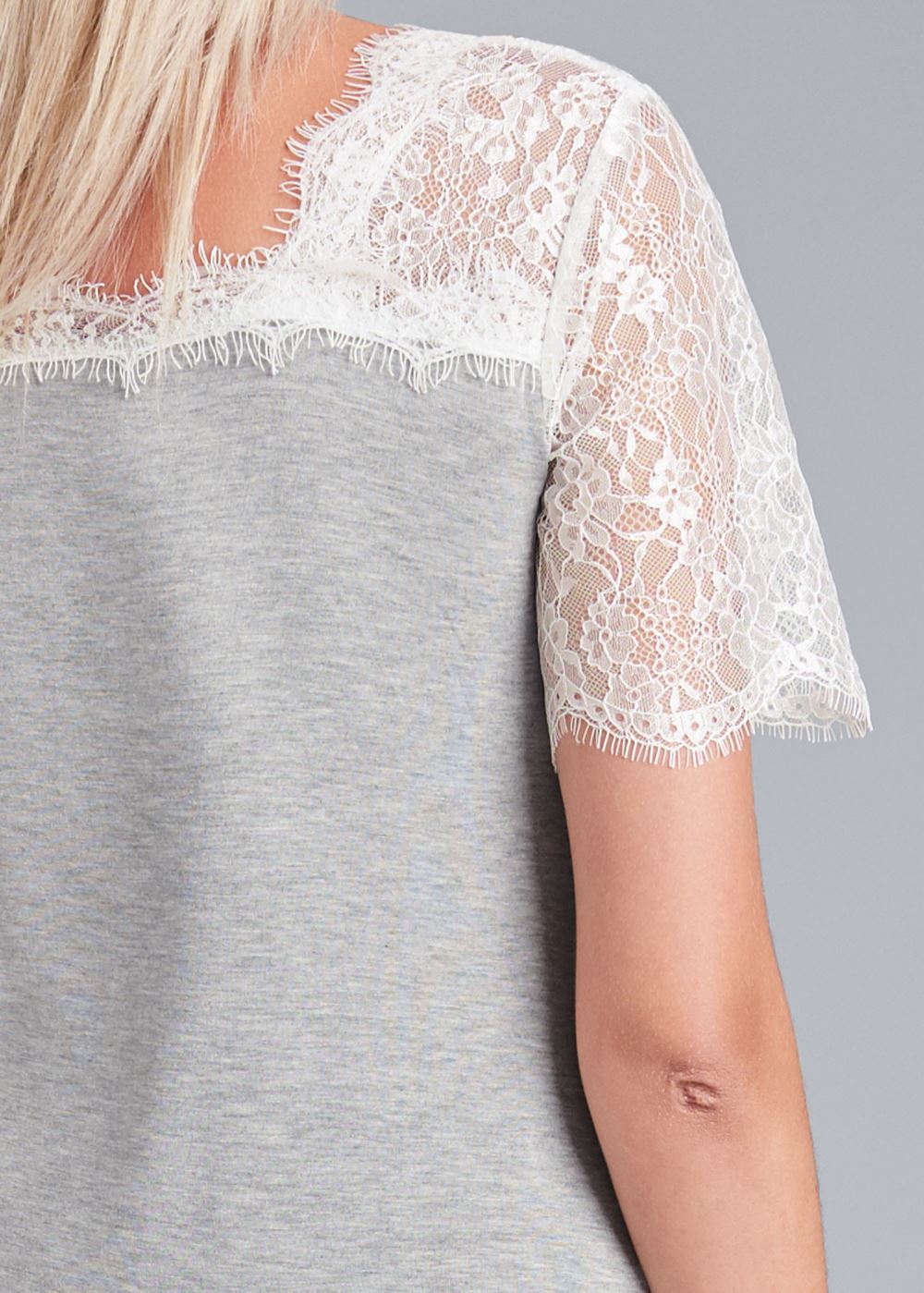 Venus Lace Sleeve V-Neck Top in Grey & White