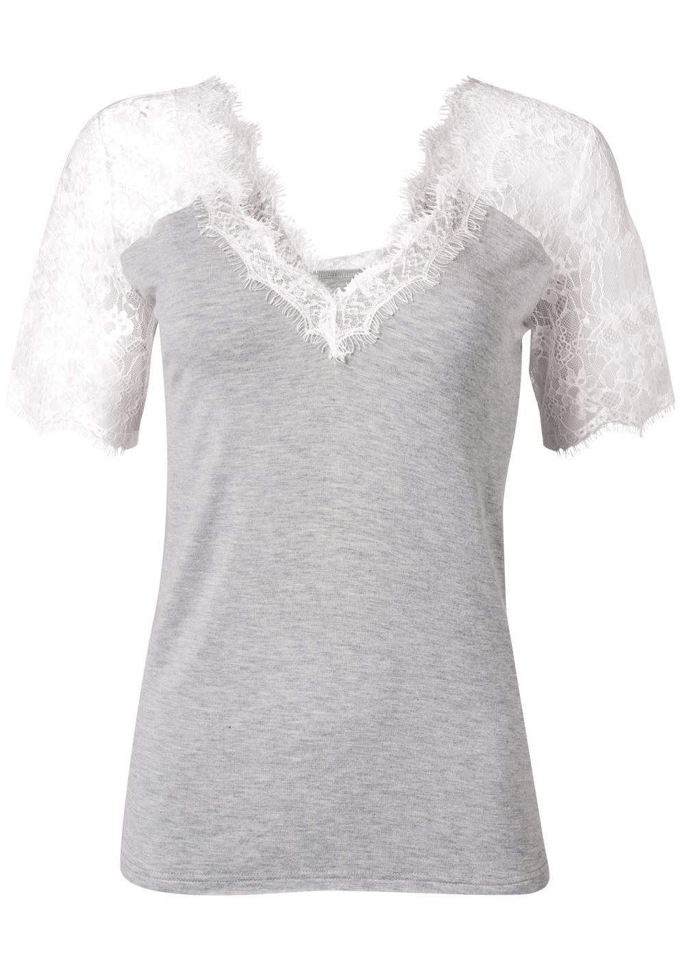 Venus Lace Sleeve V-Neck Top in Grey & White