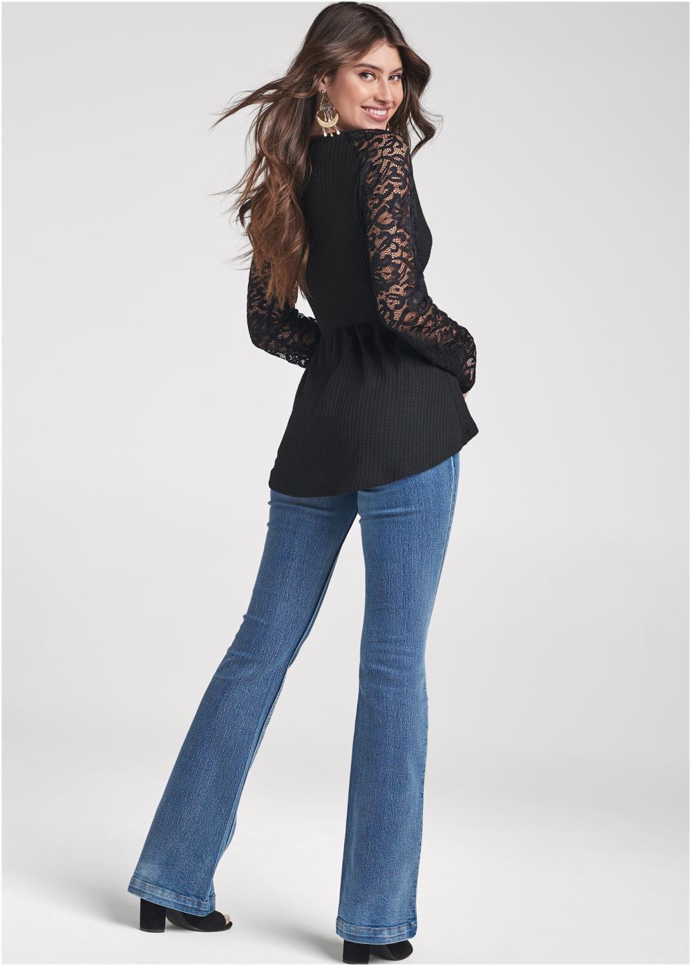 Venus Waffle And Lace Peplum Top in Black