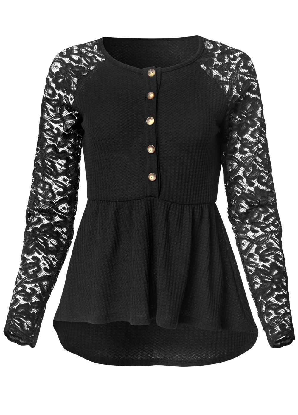 Venus Waffle And Lace Peplum Top in Black
