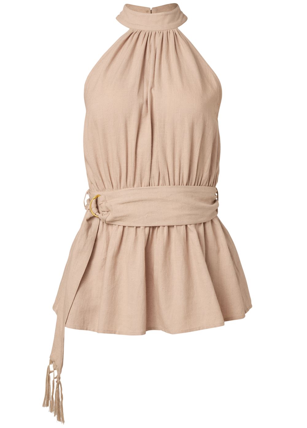 Venus Mock Neck Linen Top in Beige