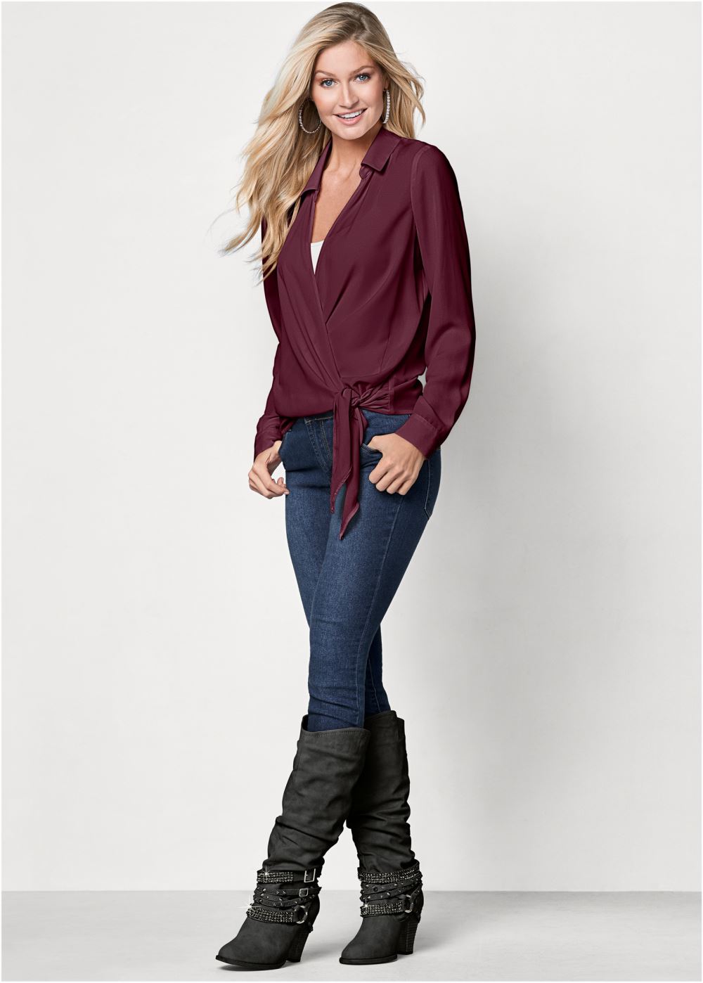 Venus Surplice Side Tie Blouse in Wine