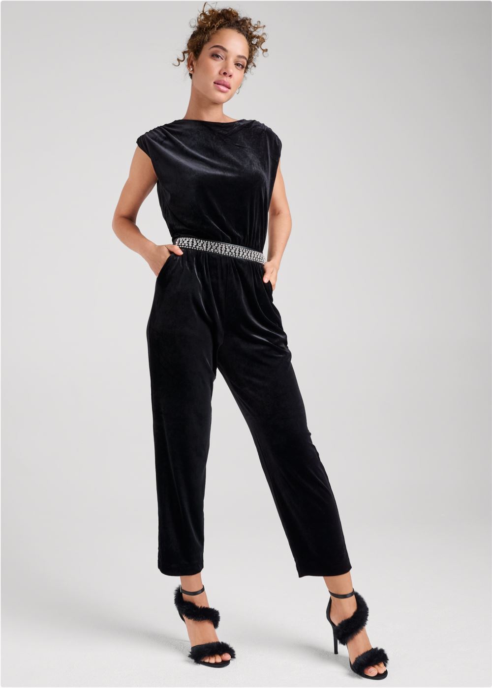 Venus Velvet Back Chain Jumpsuit in Black