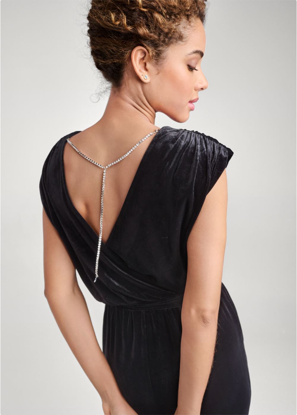 Venus Velvet Back Chain Jumpsuit in Black