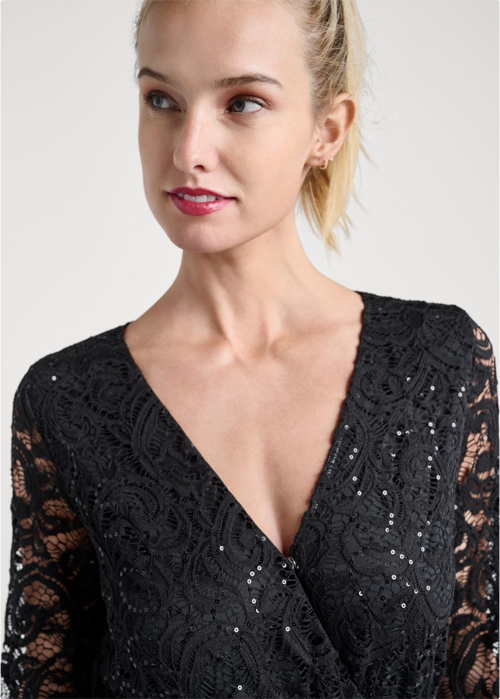 Venus Sequin Lace Open-Back Romper in Black
