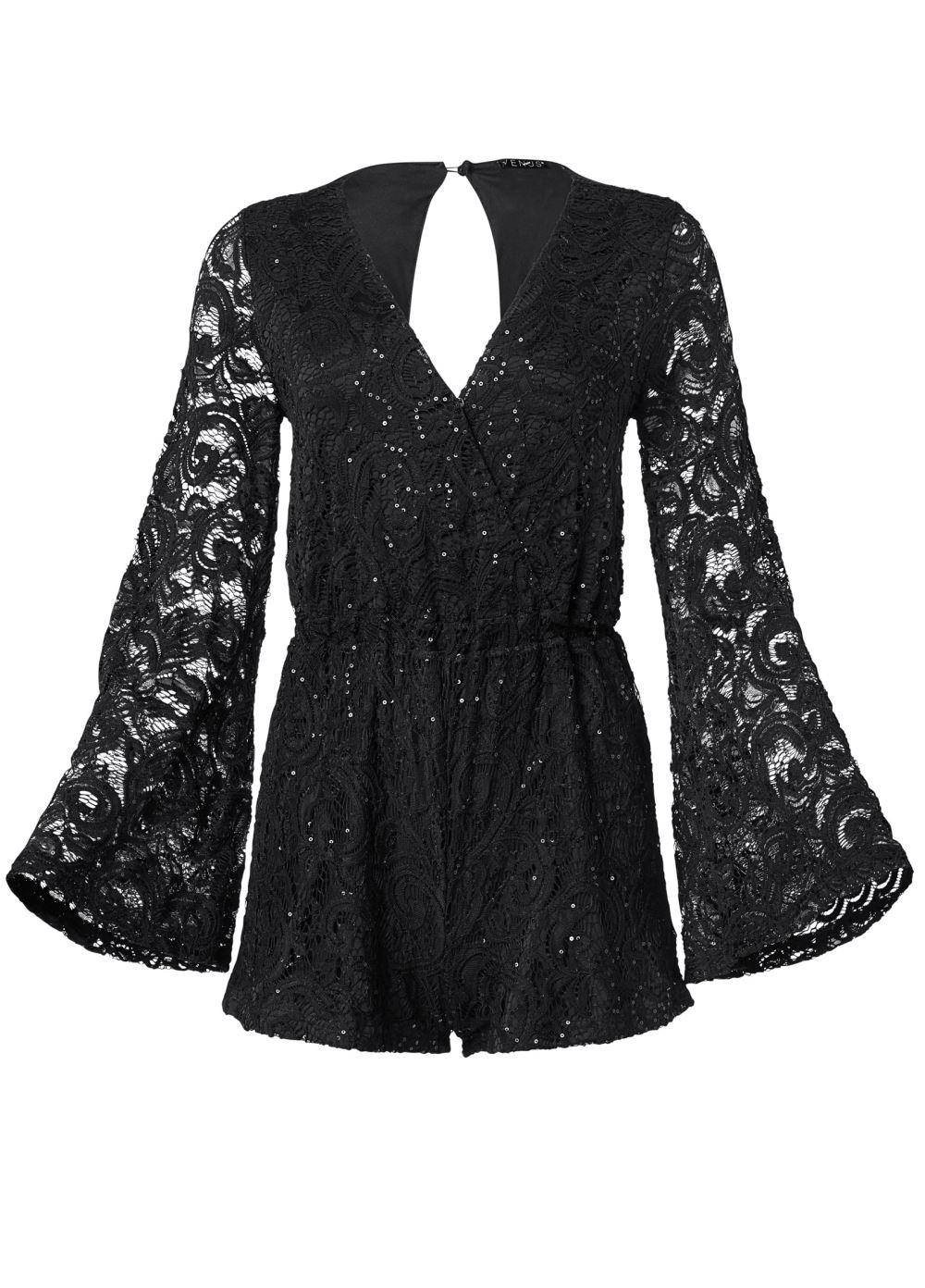 Venus Sequin Lace Open-Back Romper in Black