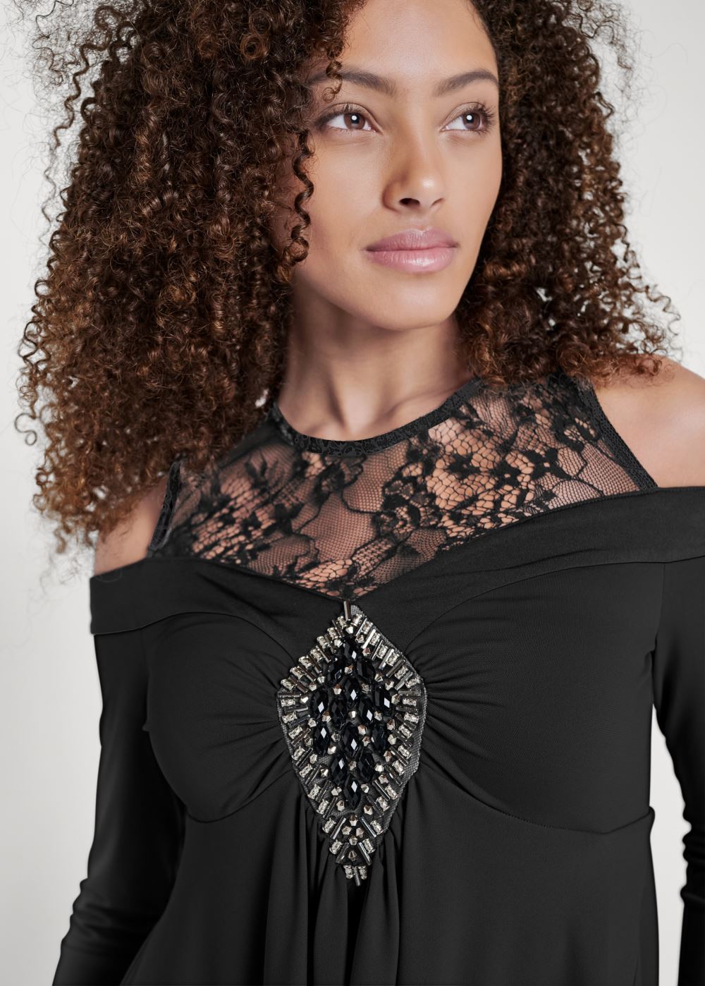 Venus Medallion Embellished Lace Top in Black