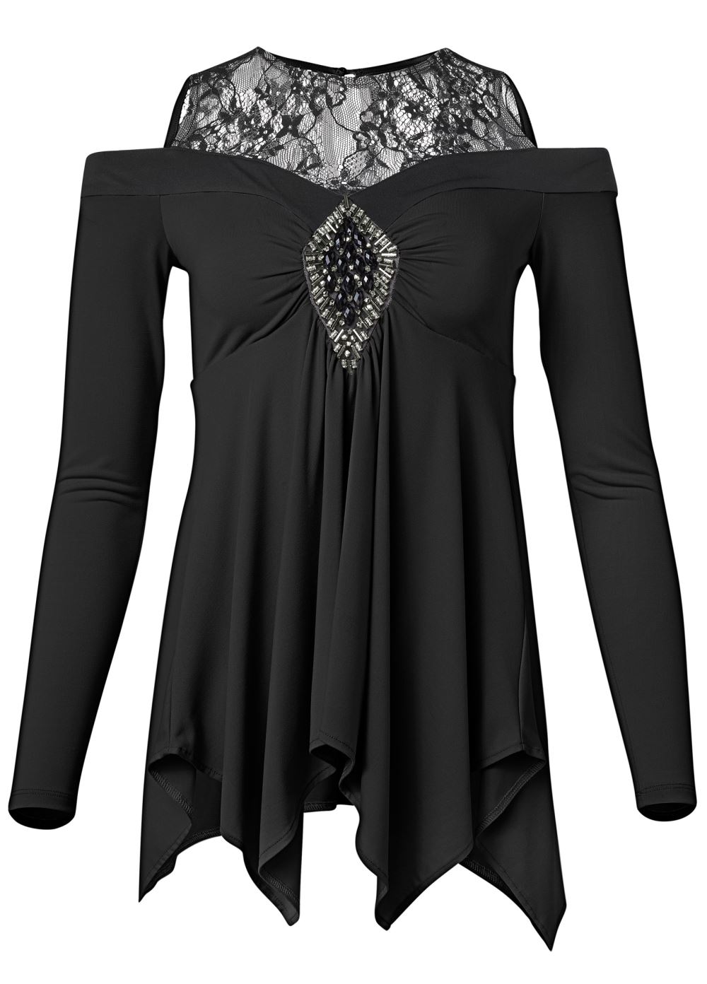 Venus Medallion Embellished Lace Top in Black